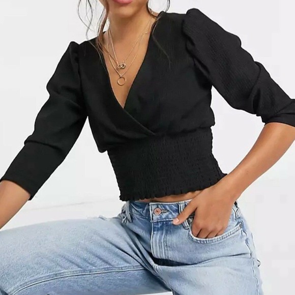 NWT New Look Womens Shirred Waist Wrap Top Size 8 Black Sold at ASOS Textured - Picture 1 of 8